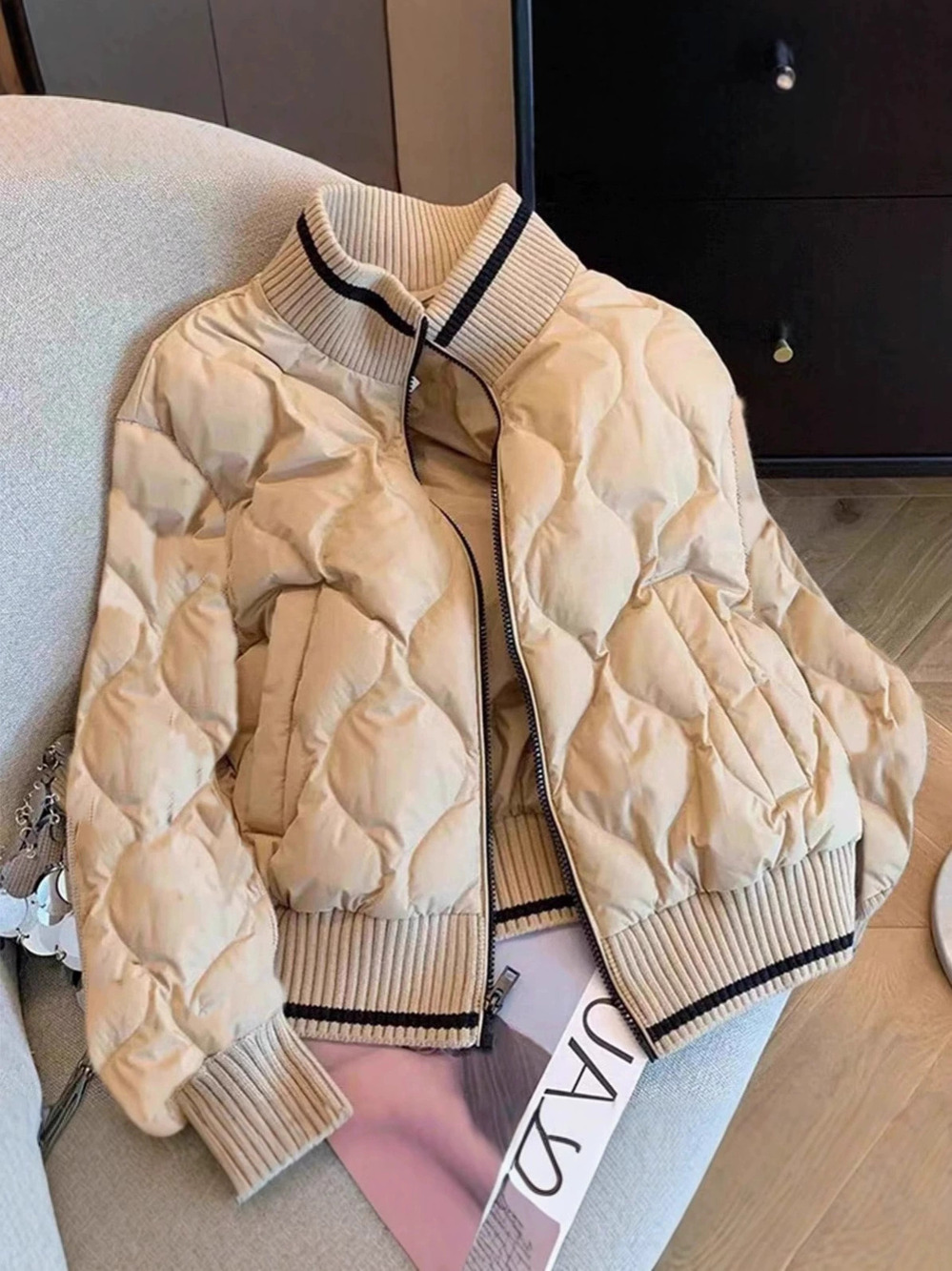 Zara Winter Stand Collar Diamond Quilted Baseball Jacket Casual